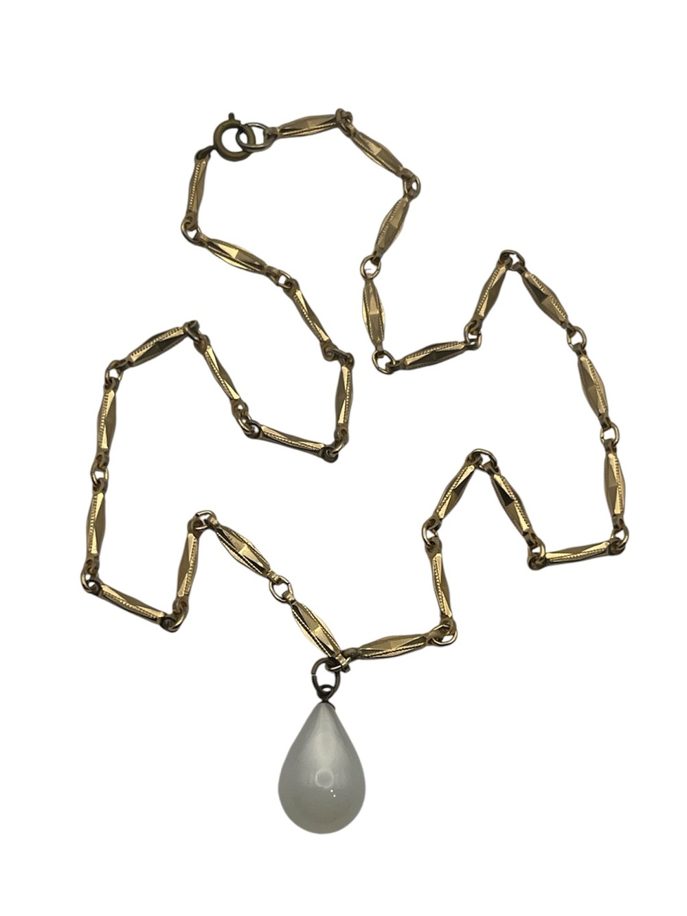 Mid Century Lucite white teardrop pendant on fancy gold tone necklace vintage